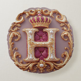 Luxurious Gold Frame With Crowned Monogram Round Pillow
