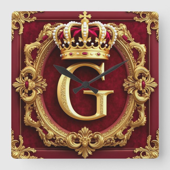 Luxurious Gold Frame With Crowned Monogram Square Wall Clock (Front)