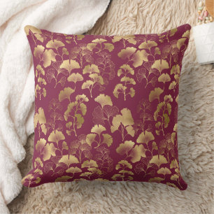 Luxurious Gold Ginkgo Leaves on Deep Burgundy (3) Throw Pillow