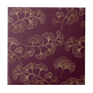 Luxurious Gold Ginkgo Leaves on Deep Burgundy (4) Tile