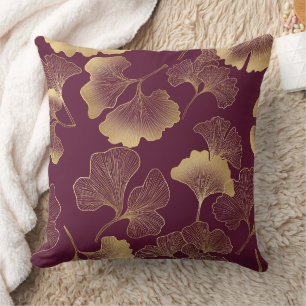 Luxurious Gold Ginkgo Leaves on Deep Burgundy (6) Throw Pillow