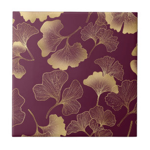 Luxurious Gold Ginkgo Leaves on Deep Burgundy (6) Tile