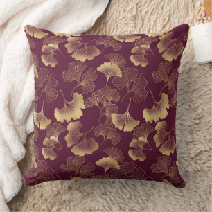 Luxurious Gold Ginkgo Leaves on Deep Burgundy (8) Throw Pillow