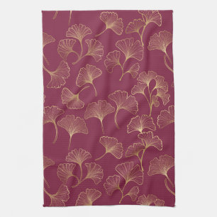 Luxurious Gold Ginkgo Leaves on Deep Burgundy Kitchen Towel