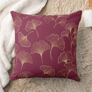 Luxurious Gold Ginkgo Leaves on Deep Burgundy Throw Pillow