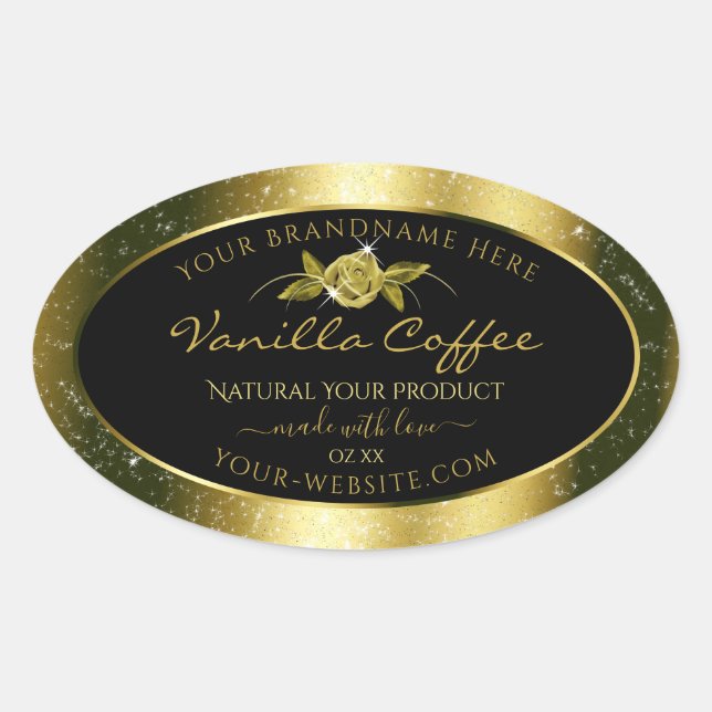 Luxurious Gold Glitter Floral Black Product Labels (Front)