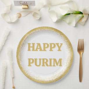 Luxurious Gold Glitter Happy Purim Paper Plate