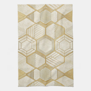 Luxurious Gold Hexagon Pattern - Marble Texture 2 Kitchen Towel