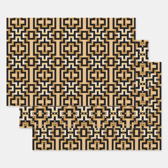 Luxurious Gold Metallic Art Deco Geometric Pattern Wrapping Paper Sheet (Set)