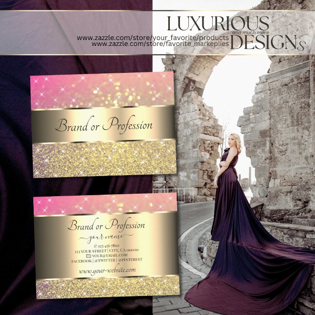 Luxurious Gold Pink Purple Glitter Luminous Stars Business Card (Creator Uploaded)