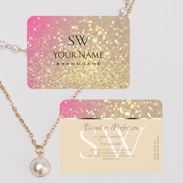 Luxurious Gold Pink Purple Glitter Stars Monogram Business Card (Creator Uploaded)