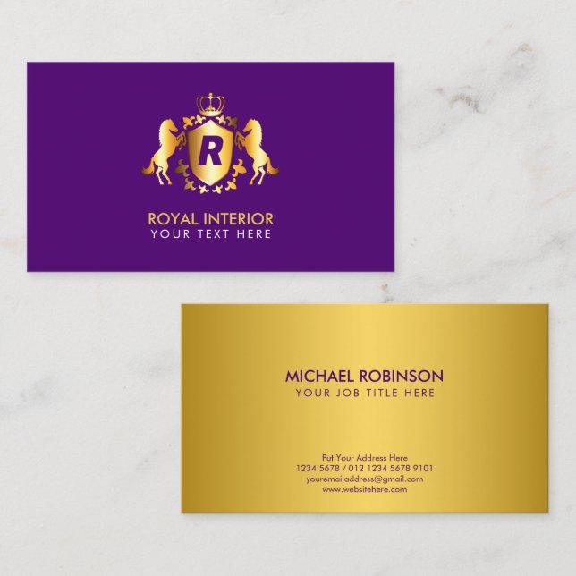 Luxurious Gold Royal Emblem | Initial on Purple Business Card (Front/Back)