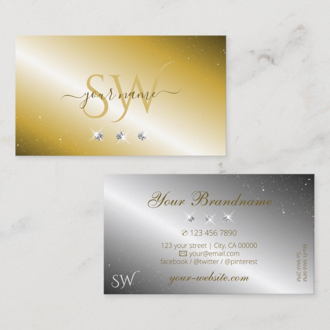 Luxurious Gold Silver Sparkling Diamonds Monogram Business Card (Front/Back)