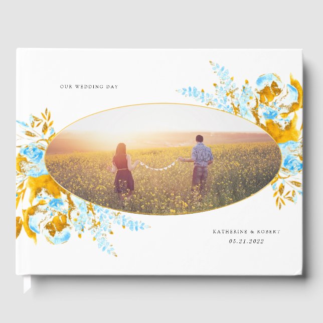 luxurious gold turquoise floral wedding guest book (Front)