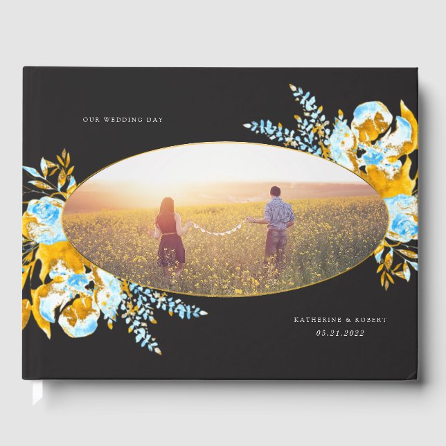 luxurious gold turquoise floral wedding guest book (Front)