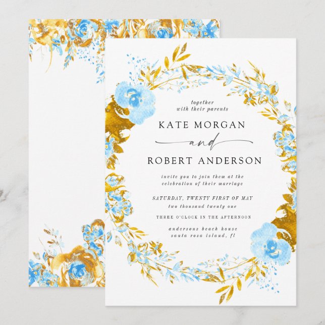 luxurious gold turquoise floral wedding invitation (Front/Back)