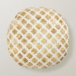 Luxurious, Gold White Lattice Pattern, Crisscross Round Pillow