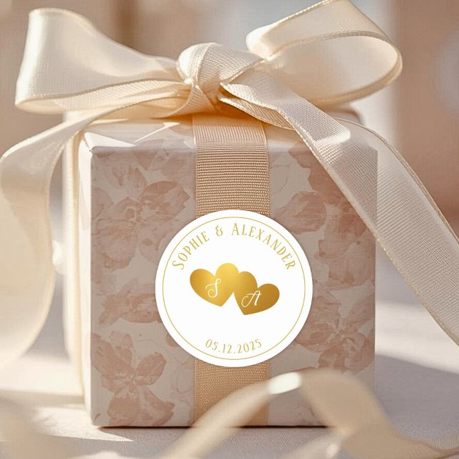 Luxurious Gold White Monogram Wedding Favor Gift Classic Round Sticker (Luxurious Gold White Monogram Wedding Favor Gift Classic Round Sticker)