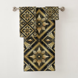 Luxurious Golden Geometric 1920's Dimond Art Deco Bath Towel Set