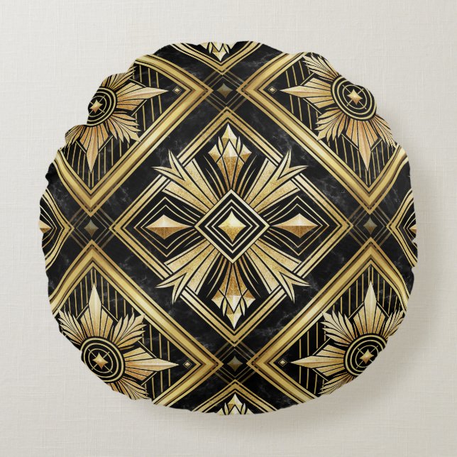 Luxurious Golden Geometric 1920's Dimond Art Deco  Round Pillow (Front)