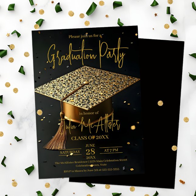 Luxurious Golden Glitz Cap Graduation Party Invitation (Creator Uploaded)