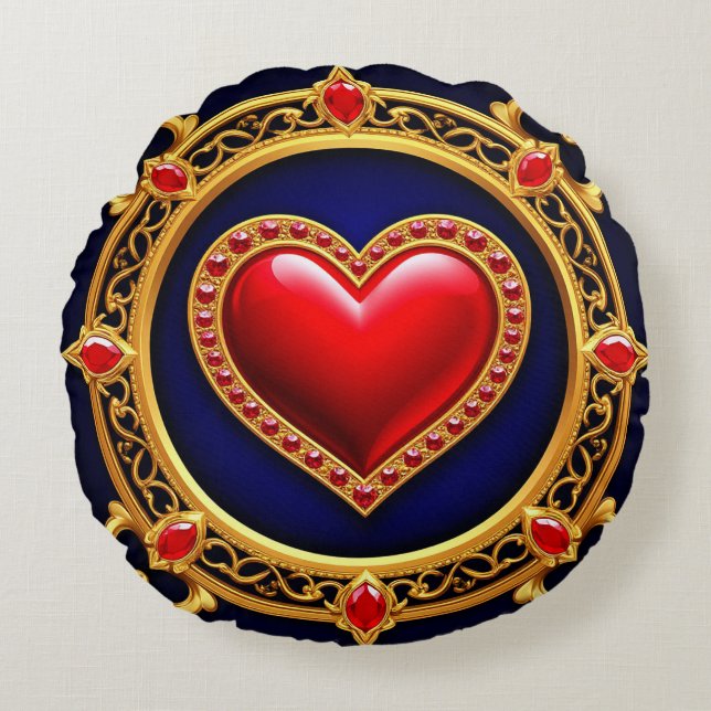 Luxurious Golden Heart Frame Round Pillow (Front)