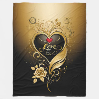 Luxurious golden heart with intricate floral swirl fleece blanket