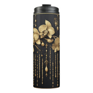 Luxurious Golden Orchid Floral Artwork Thermal Tumbler