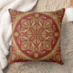 Luxurious Golden Red Ornate Accent Pillow for Sofa