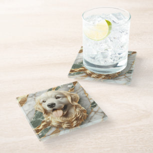 Luxurious Golden Retriever Marble Artwork Glass Coaster