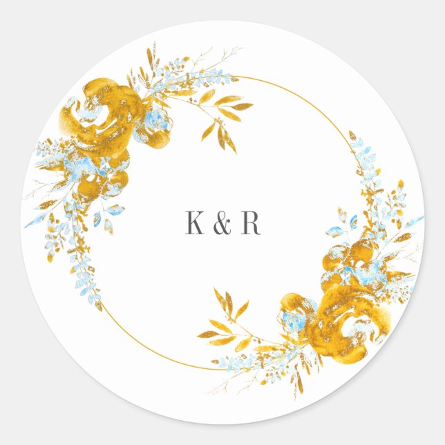 luxurious golden turquoise monogram wedding classi classic round sticker (Front)