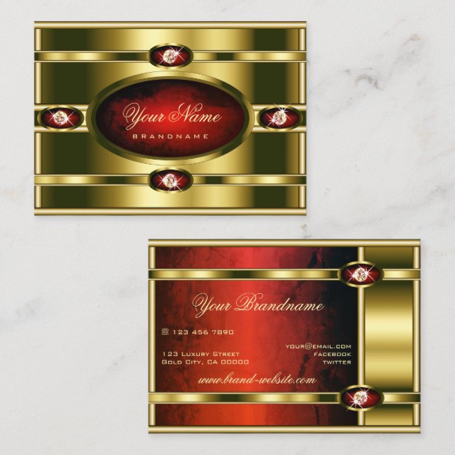 Luxurious Golden with Red Marble and Faux Diamonds Business Card (Front/Back)