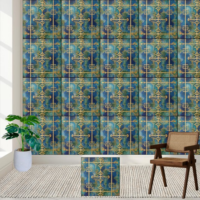 Luxurious Greek Key Tile in Teal and Gold (Luxurious Greek Key Tile in Teal and Gold)
