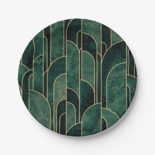 Luxurious Green and Gold Art Deco Pattern Paper Plate
