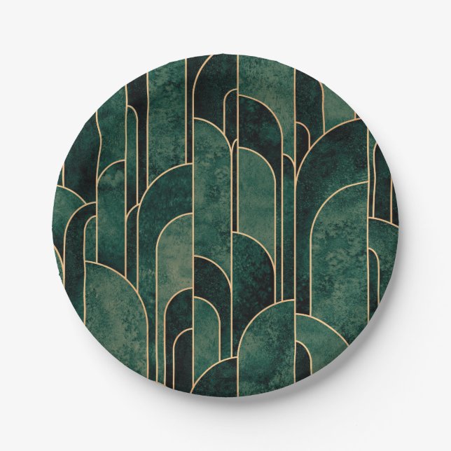 Luxurious Green and Gold Art Deco Pattern Paper Plate (Front)