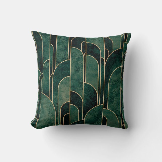 Luxurious Green and Gold Art Deco Pattern Throw Pillow (Front)
