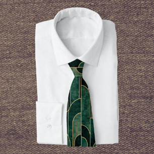 Luxurious Green and Gold Art Deco Pattern Tie