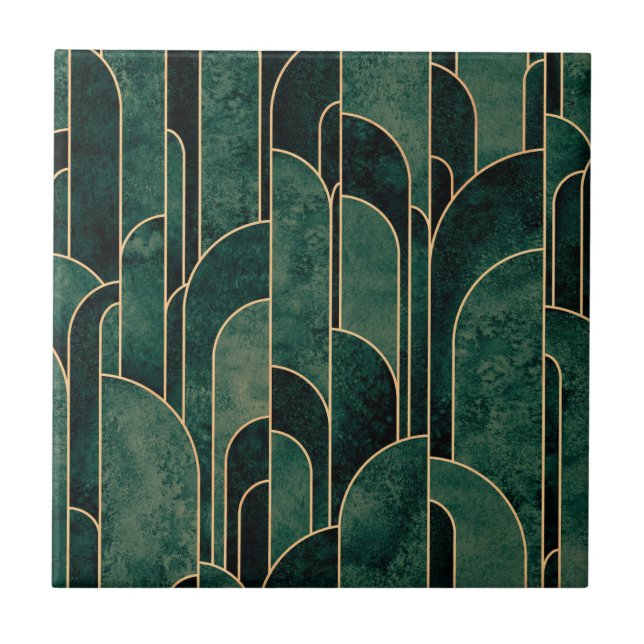 Luxurious Green and Gold Art Deco Pattern Tile (Front)