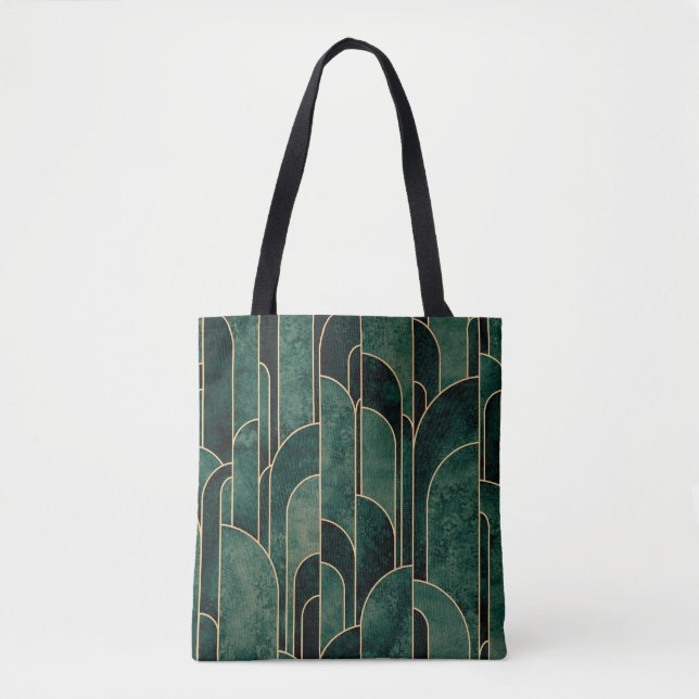 Luxurious Green and Gold Art Deco Pattern Tote Bag (Front)