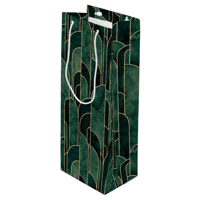Luxurious Green and Gold Art Deco Pattern Wine Gift Bag (Front Angled)