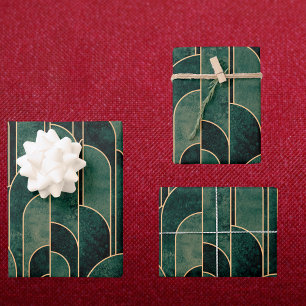 Luxurious Green and Gold Art Deco Pattern Wrapping Paper Sheet