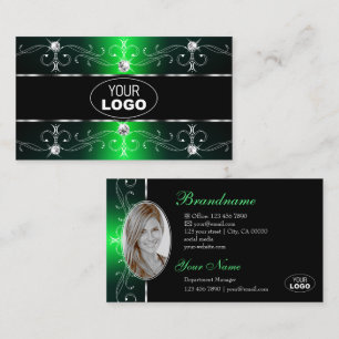 Luxurious Green Black Ornate Borders Logo and Foto Business Card