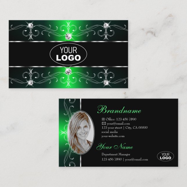 Luxurious Green Black Ornate Borders Logo and Foto Business Card (Front/Back)