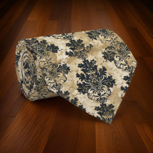 Luxurious Ivory Damask Elegant Black Beige Tie