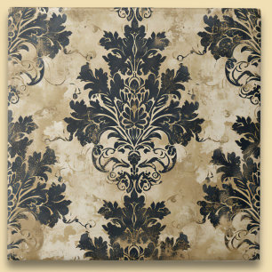 Luxurious Ivory Damask Elegant Black Beige Tile