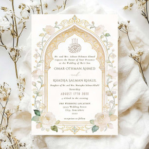 Luxurious Ivory & Gold Floral Arch Islamic Wedding Invitation