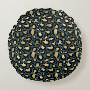 Luxurious Leopard Spots Dark Blue Wild Glam Round Pillow