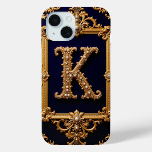 Luxurious Letter K in Ornate Golden Frame iPhone 15 Case