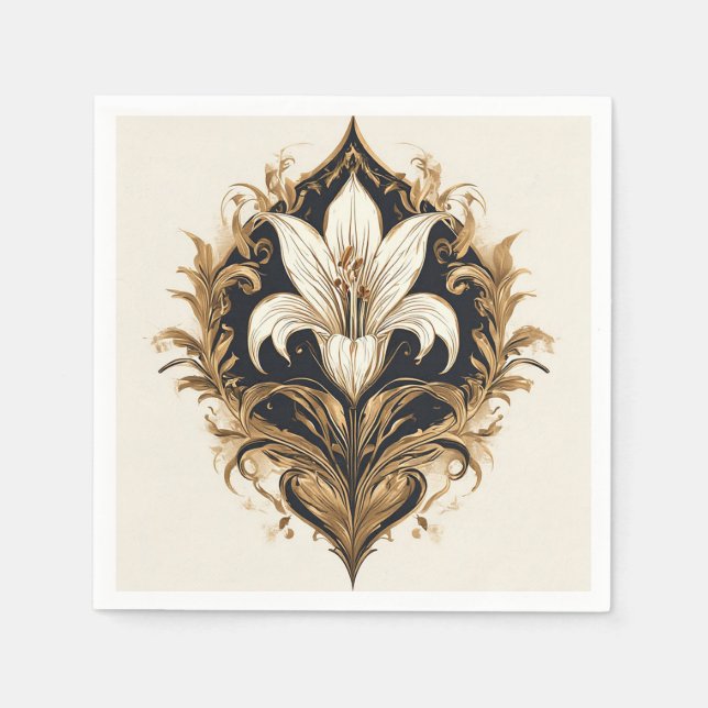 Luxurious Lily Design Golden Ornamental Artwork Napkin (Front)