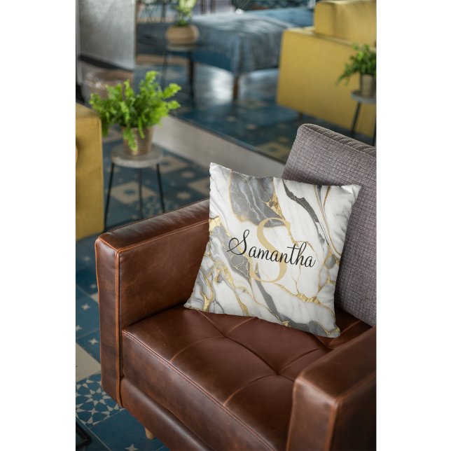 Luxurious  Marble Personalized Gold Grey & White  Throw Pillow (Creator Uploaded)